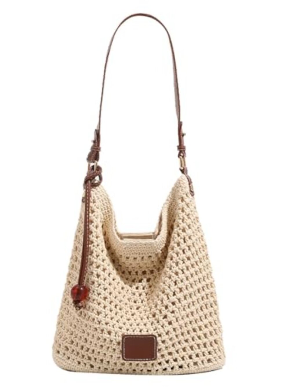 Crochet Bucket Bag Woven Cotton Rope PU Leather Strap Beach Shoulder Handbag
